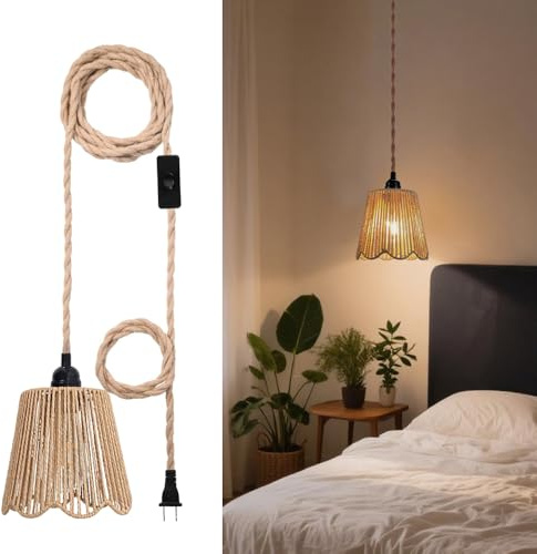EcoGehen Boho Plug in Pendant Lights Hanging Lamps with Plug in Cord, Ceiling Lamp Rattan Round Lamp Shade On-Off Switch Bohemian Decor for Hanging Plant Shelf Shelves Bedroom Living Room Corner