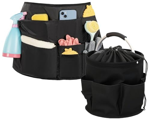 Uoxmiy Cleaning Caddy with Handle, 18L Foldable Multiple Pockets Cleaning Bag with Storage Apron, For Home, Kitchen, Bathroom, Office & Professional Housekeeping (Black)