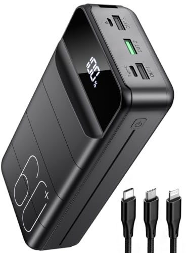 PDBEST Power Bank 60000mAh, 22.5W USB-C Fast Charging with 3-in-1 Cable | Built-in Flashlight, 4 Outputs 2 Inputs, LED Display, Travel Essentia, High Capacity, Compatible with iPhone & Android Black