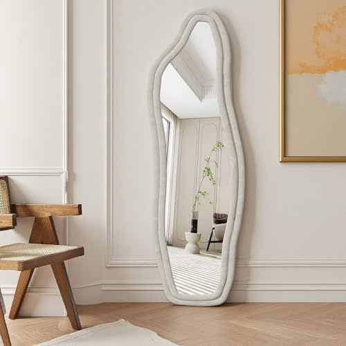 Miroir asymétrique 140 x 45 cm, miroir sur pied, grand miroir mural, grand miroir de sol avec support, miroir décoratif pour chambre à coucher, salon ou dressing (blanc, 140 x 45 cm)