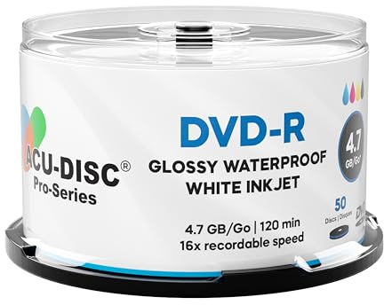 Acu-Disc Glossy Waterproof White Inkjet DVD-R 16x – 4.7GB/120min Blank Recordable Discs – Hub Printable – High-Gloss Waterproof Finish (100)
