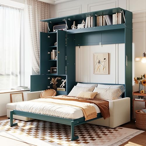 Merax Queen Murphy Bed with Sofa and Storage Shelves, Space Saving Wall Bed Unit with Cabinet, L-Shaped Couch for Studio Apartment, Beige Sofa