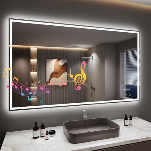 Dripex Badspiegel mit Beleuchtung Led Spiegel mit Bluetooth-Lautsprecher und Steckdose, Dimmbar, 3 Lichtfarbe Einstellbare Badezimmerspiegel mit Beleuchtung, Beschlagfrei 70 x 120 cm