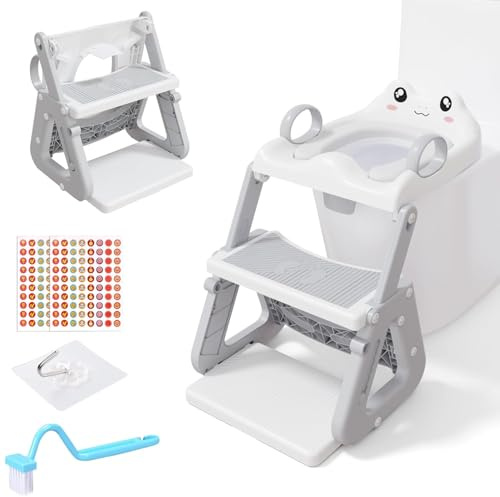 Toilettensitz Kinder mit Treppe,Stabil Kinder Toilettensitz mit Dreiecksstruktur,3 in 1 Toilettentrainer mit Treppe,Upgrade Toilettenleiter für Jungen Mädchen,Rutschfest und Faltbar,Grau