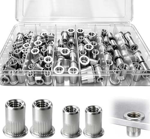100 Pièces Écrou à Rivet M6 & M8, Tête Plate Ecrou Insert Assortiment Kit | Écrous à Sertir Rivets en Acier Inox, Écrous à Riveter Aveugle Rivet Fileté pour Métal Plastique etc, Ecrou pour Bois Meubles