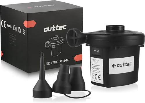 Outtec Elektrische Pumpe, Luftpumpe, Elektropumpe - 12V - inkl. 3 Luftdüse - Inflate & Deflate - für Fahrrad, Ball, Luftmatratze, Pool