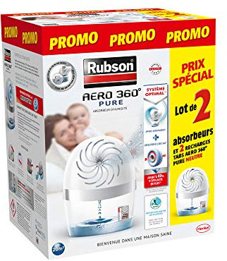 Rubson | Absorbeurs d'humidité AERO 360° Pure (2 appareils + 2 recharges) – Lot de 2 assainisseurs et déshumidificateurs d’air pour pièces de 20 m² – Recommandé par l'AFPRAL*