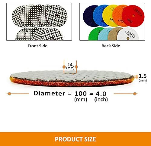BGTEC Platorelli per Lucidatura a Secco Diamantati da 100 mm per Graniglie Miste di Marmo Granito 7 pezzi Pastiglie con 1 pezzo di Supporto in Plastica M14 e 1 pezzo di Adattatore con Gambo Rotondo