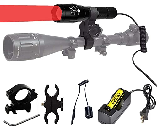 BESTSUN Red LED Hunting Torch,350 Yards Long Range Tactical Red Torches 10000 Lumens Handheld Lamp with Scope & Rail Mount, Pressure Switch Waterproof Zoomable Torch for Coyote, Hog, Fox, Predator