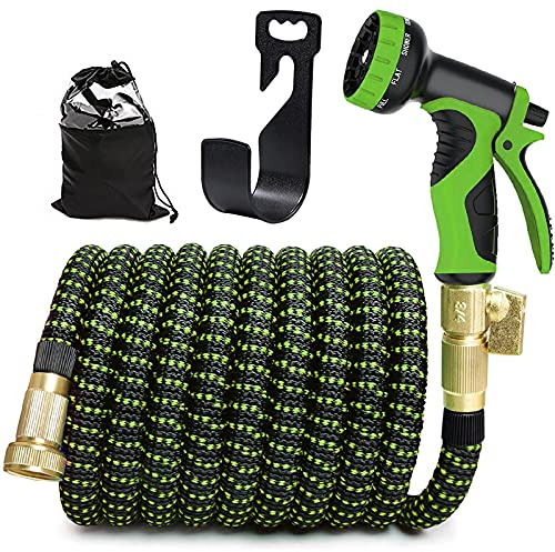 Erweiterbarer Gartenschlauch, robust, flexibel, auslaufsicher, Wasserschlauch mit 10 Funktionen, Sprühpistole und 3/4 Zoll (1,9 cm) massiver Messing-Anschluss und Kunststoff-Halterung (30 m)