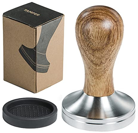 Ezebesta 58mm Coffee Tamper Espresso Press with Tamper Mat Tamper with 304 Stainless Steel Base Wooden Handle Barista Espresso Machines Accessory (58mm)