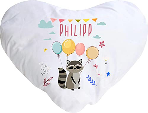 Kleckerliese Baby Kinder Kissen Kissenhülle Tiere Motiv, Waschbär mit Wunschname Balon Wolken, 40x44 cm Farbe Weiß