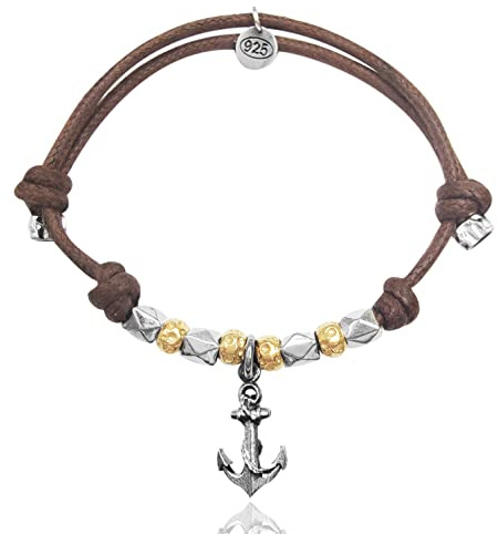 ViMon Gioielli | BRACCIALE da uomo,cordino marrone con ciondolo ANCORA in ARGENTO 925