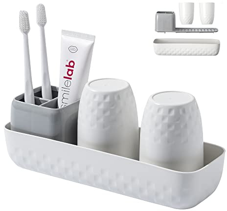 Vowupt Toothbrush Holder for Bathrooms, Toothbrush Organizer Countertop for Toothbrush Storage, Toothbrush and Toothpaste Holders Set with 3 Slots, Tooth Brushing Cup Caddy for Family-White
