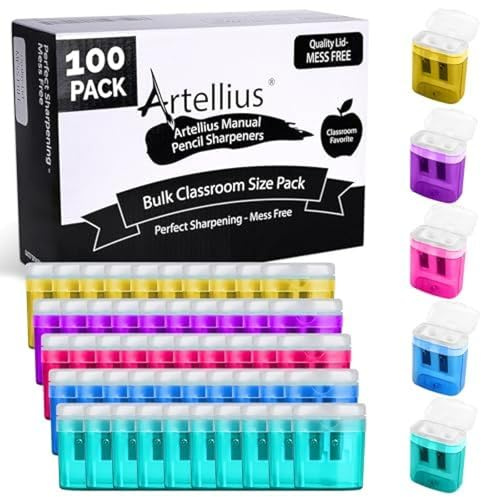 Artellius Bulk Pencil Sharpeners for Classroom - Double Hole, Plastic, Multicolor, 100-Count - Handheld Pencil Sharpener for Kids & School Supplies