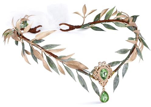 MOSTORY Fairy Leaf Rhinestone Headband - Handmade Elf Princess Headpiece Forest Wedding Flower Crown for Women Girls Reneaissance Halloween Cosplay Costume Hair Accessories Photo Props, Green & Gold