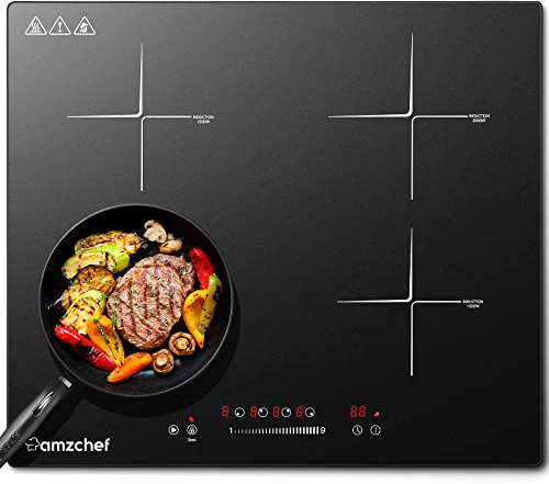 AMZCHEF Piastra induzione,piano cottura 4 fuochi,9 livelli di potenza,funzione di pausa,controllo touch scorrevole,blocco bambini,protezione dal surriscaldamento,7000 W