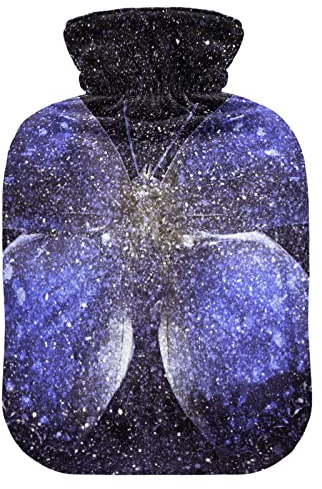 Borsa dell'acqua calda con rivestimento in morbido velluto, motivo farfalla celeste, borsa dell'acqua calda per alleviare il dolore, impacco caldo e freddo, 2 l