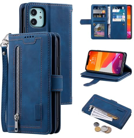 UEEBAI Hülle für iPhone 12 Mini, Retro Leder Klapphülle, Blau | Premium PU Handyhülle Magnetische Lederhülle mit 9 Kartenfächer Standfunktion Geldbörse Trageband Schutzhülle Wallet Case