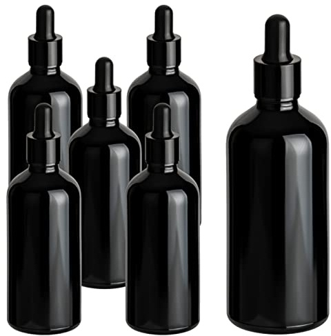 gouveo 6er Set Pipettenflaschen 100 ml aus Klarglas schwarz glänzend - Leere Apothekerflasche aus Glas - Tropfflasche mit Glaspipette für Essenzen, Öle, Parfüm (PFSZG100)