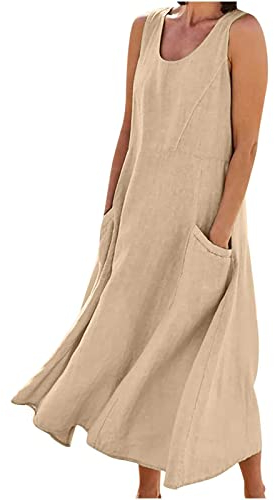 Sommerkleid Damen Lang Leinen Kleider Baumwolle Leinen Sommerkleider Leinen Einfarbige Blusenkleid Baumwolle Leinen A-Linien Kleid Kurzarm Rundhals Leinen Strandkleid Maxikleid mit Taschen