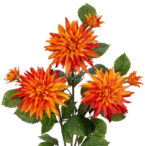 Hollyone 3PCS Orange künstliche Dahlie Blumen, 75cm gefälschte große Seidenblumen mit langem Stiel für Florale Arrangements, Faux Dahlien Blumen für DIY Hochzeit Party Mittelstücke Haus Büro Deko