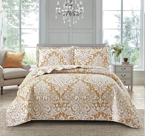 PRIME LINENS Luxury 3 Piece Quilted Printed Bedspread Set Throw Bedding Set Includes Soft Bed Throw Comforter with 2 Pillow Shams Embroidered Machine Wash (Royal Damask Gold, King)
