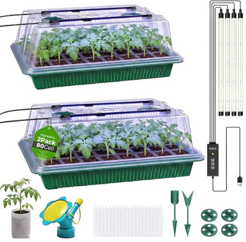 Seed Starter Tray with Grow Light, 2 Pack 80-Cell Seedling Starter Kit with Smart Timer & Humidity Dome, Indoor Plant Germination Kit with 100pcs Nursery Bags & 2-in-1 Sprinkler for Seed Starting