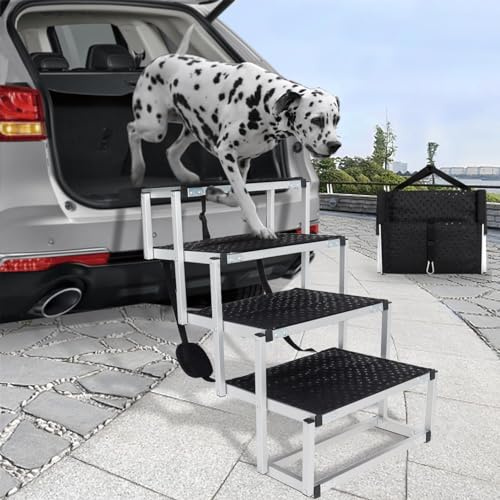 Dog Steps for Car, 4 Steps Folding Dog Stairs for Large Dogs with Nonslip Surface, Supports to 310 LBS/140KG, Lightweight Aluminum Dog Ramp for Cars SUV Trucks