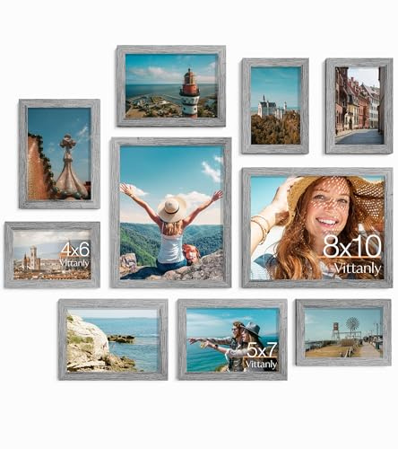 Vittanly Bilderrahmen, Collage, Wanddekoration, Grau, 10 Stück | Galerie-Wandrahmen-Set:2 Stück 8x10, 4 Stück 5x7 & 4pcs 4x6 Fotos für Wand & Tisch, Bilderrahmen aus Holzwerkstoff