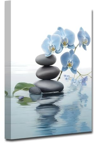 CXHOSTENT Spa Bathroom Wall Art Blue Orchid Flowers and Zen Stones on Water Pictures Print on Canvas Framed Artwork for Yoga Zen Room Decor (Zen-3, 30.00 x 45.00 cms)