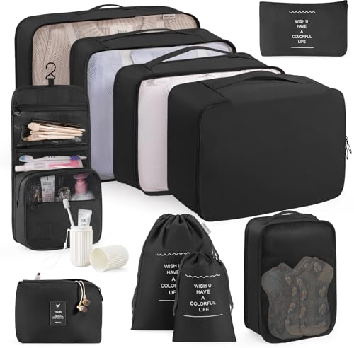Anjing Packing Cubes 11-teilig, Koffer Organizer, leichte Reisegepäck-Organizer, wasserdicht, platzsparend, Packwürfel für Koffer, travel Organizer, schwarz