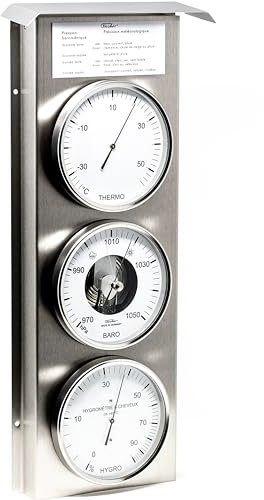 Fischer 803-01-100 Station météo extérieure - Station météo en acier inoxydable avec thermomètre, baromètre, hygromètre à cheveux fabriqué en Allemagne
