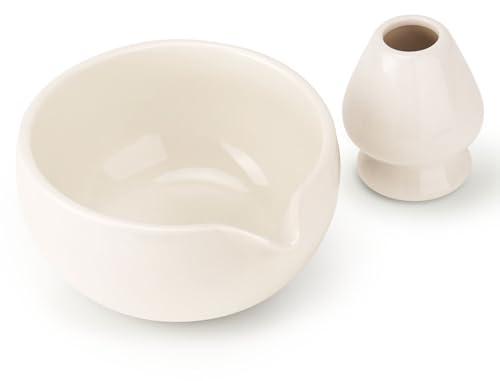 Joiish Matcha Bowl and Whisk Holder Set, Ceramic Tea Bowl and Whisk Stand, Matcha Tea Mixing Bowl with Spout (18 Ounce), Whisk Rest, Ivory White