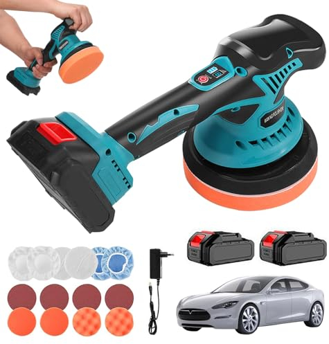 Lucidatrice Auto a Batteria 21V, Lucidatrice Rotorbitale da 480W 7200 Giri/min con 2 Batterie Spugna Lucidante da 150mm 8 Velocità Lucidatrice Angolare per Lucidatura Ceretta per Auto Moto