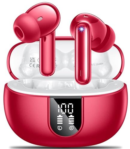 Wireless Earbuds,Wireless Earphones Bluetooth 5.3 in Ear with 4 Mic ENC Calls Noise Cancelling Wireless Headphones Mini LED Display HiFi Stereo 42H Playtime Bluetooth Earbuds IP6 Waterproof red