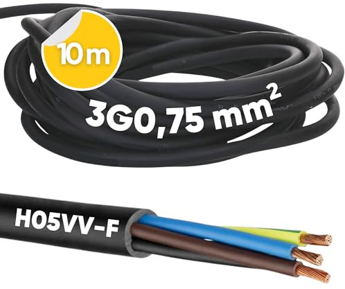Kalitec 10m H05VV-F 3G0,75 mm² Schlauchleitung - PVC Stromkabel Schwarz | Flexibles 3-adriges Elektrokabel mit Schutzleiter für Lampen und Geräte, 300/500 V, HAR-Zertifiziert für Innenräume