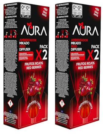 Aura | Pack 4 Ambientador Mikado | 30ml | 100% Puro | Duración 4 Semanas | 4x30ml | 0% Alcohol (4x30ml, Frutos Rojos)