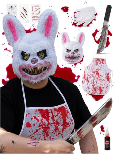 Festicy Horror Hase Kostüm für Herren, Damen und Teenager I Einheitsgröße I inkl. Halloween Maske, Kunstblut Halloween, Machete u.v.m. I Halloween Kostüm Herren 2026 I Halloween Kostüm Damen
