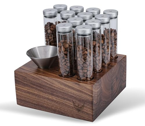 Knodos Disposable Exhaust Valve, Single Dose Coffee Bean Storage Tubes (12 Pieces), Espresso Glass Dispensing Bottles with Walnut Stand and Stainless Steel Funnel