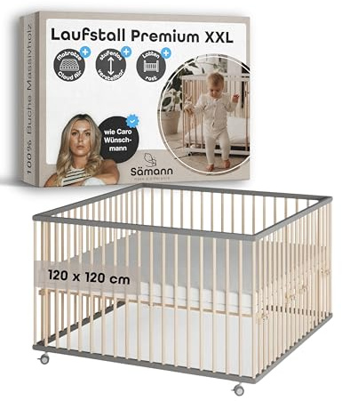 Sämann Laufstall Baby mit Matratze Cloud Air & Lattenrost | stufenlos höhenverstellbar | Laufgitter Premium | Babybett aus Holz | Krabbelgitter (grau/natur, 120x120 cm)