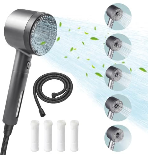 Yuqilin Soffione Doccia Alta Pressione, Cinque Livelli Regolabili Soffione Doccia, con Funzione di Arresto Doccia Soffione, con Tubo Flessibile, Viene Fornito con 4 Pezzi di Cotone Filtrante (Nero)