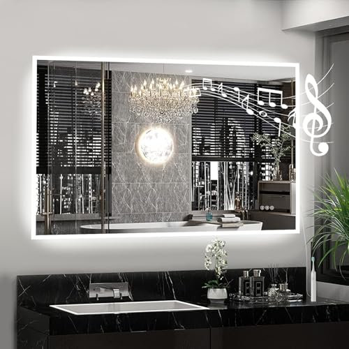 Miroir de Salle de Bain avec lumière - 100 x 70 cm - pour Salle de Bain et Bluetooth - Débrouillage - 3 températures de Couleur - Intensité Variable - Fonction mémoire - IP44 LED - pour Salle