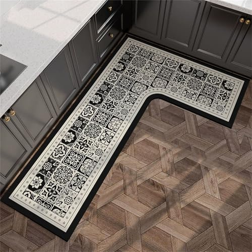 Hixingo Tapis Cuisine Forme L, Style Ethnique Tapis de Passage/Sol en Diatomite Absorbant Séchage Rapide Antidérapant pour Cuisine Devant d Evier pour Couloir, Entrée (Noir,100x150x45cm)