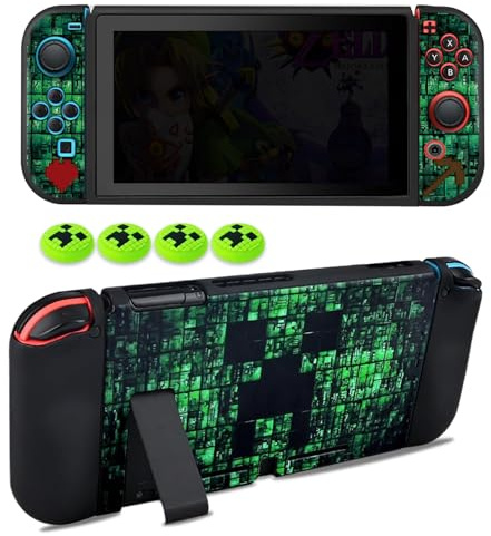 Hülle für Nintendo Switch 2017, Silikon Switch Hülle & Joystick Kappen | Switch Schutzhülle Weiche Abdeckung Stoßdämpfender Kratzfester Dockable Case Schlanke Schale & 4Pcs Joystick Kappen Grün