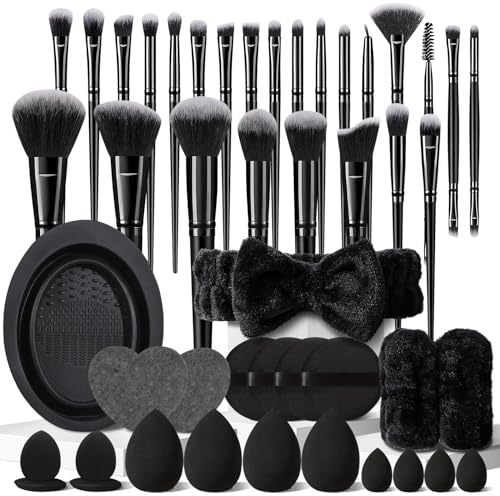HGHDBT Juego de 47 brochas de maquillaje negro profesional, juego de herramientas de maquillaje multifuncional con accesorios de maquillaje facial, kit de brochas de maquillaje para base, brochas de