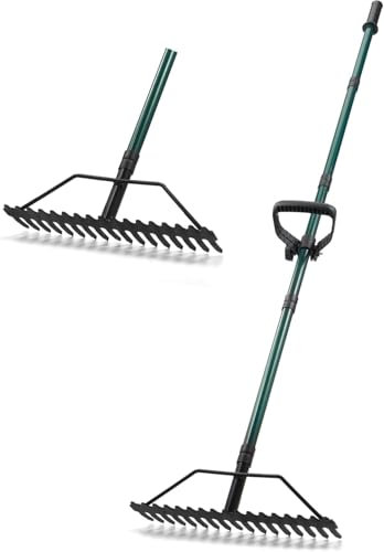 Rechen, 17 Zoll, robuster Strohrechen mit 63 Zoll langem, rückenschonendem, verstellbarem Griff, robustes Metallwerkzeug zum Auflockern und Einebnen von Böden, Sammeln von Blättern und Gras und Jät