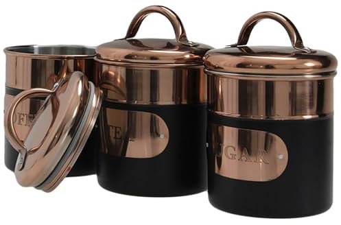 Maria`s Selection Black & Copper Metal Tea Coffee Sugar Storage Canister Set Jar Pots Tins