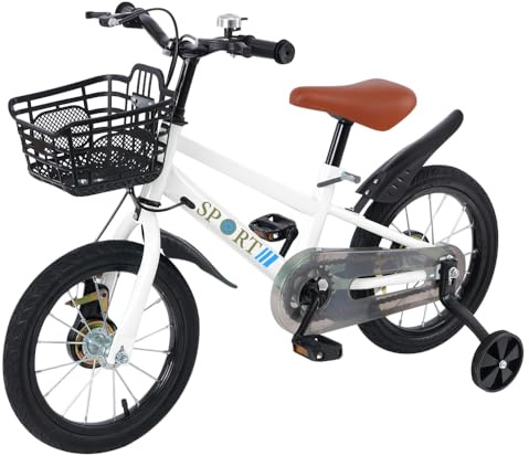 Kinderfahrrad von 12/14/16 Zoll mit Stützrädern und Korb, Kinderfahrrad für Jungen und Mädchen ab 2 bis 7 Jahren, Sitz und Armlehnen, verstellbar, vormontiert (weiß, 14 Zoll)
