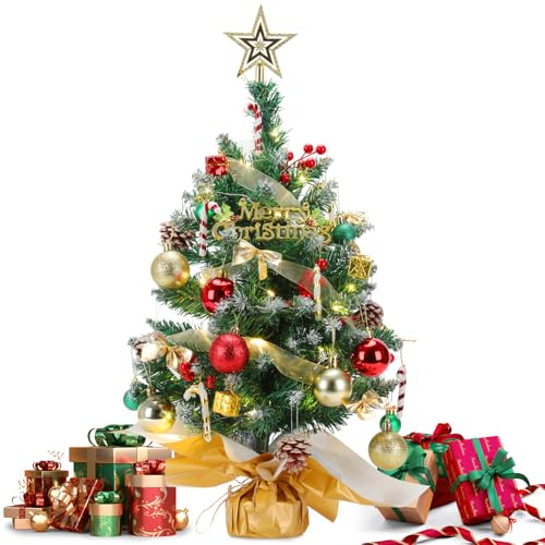 Lomffy Mini árbol de Navidad con iluminación LED, 60CM Pequeño árbol de Navidad Artificial con Adorno de Estrella Base de Madera Decoración Regalos para Mesa Oficina Escaparate de Oficina